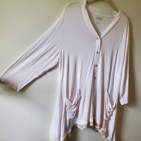 Logo Womans Blouse Ivory Rayon Solid Tunic Pockets Button Up Gray Lace Trim Sz L - Picture 5 of 12